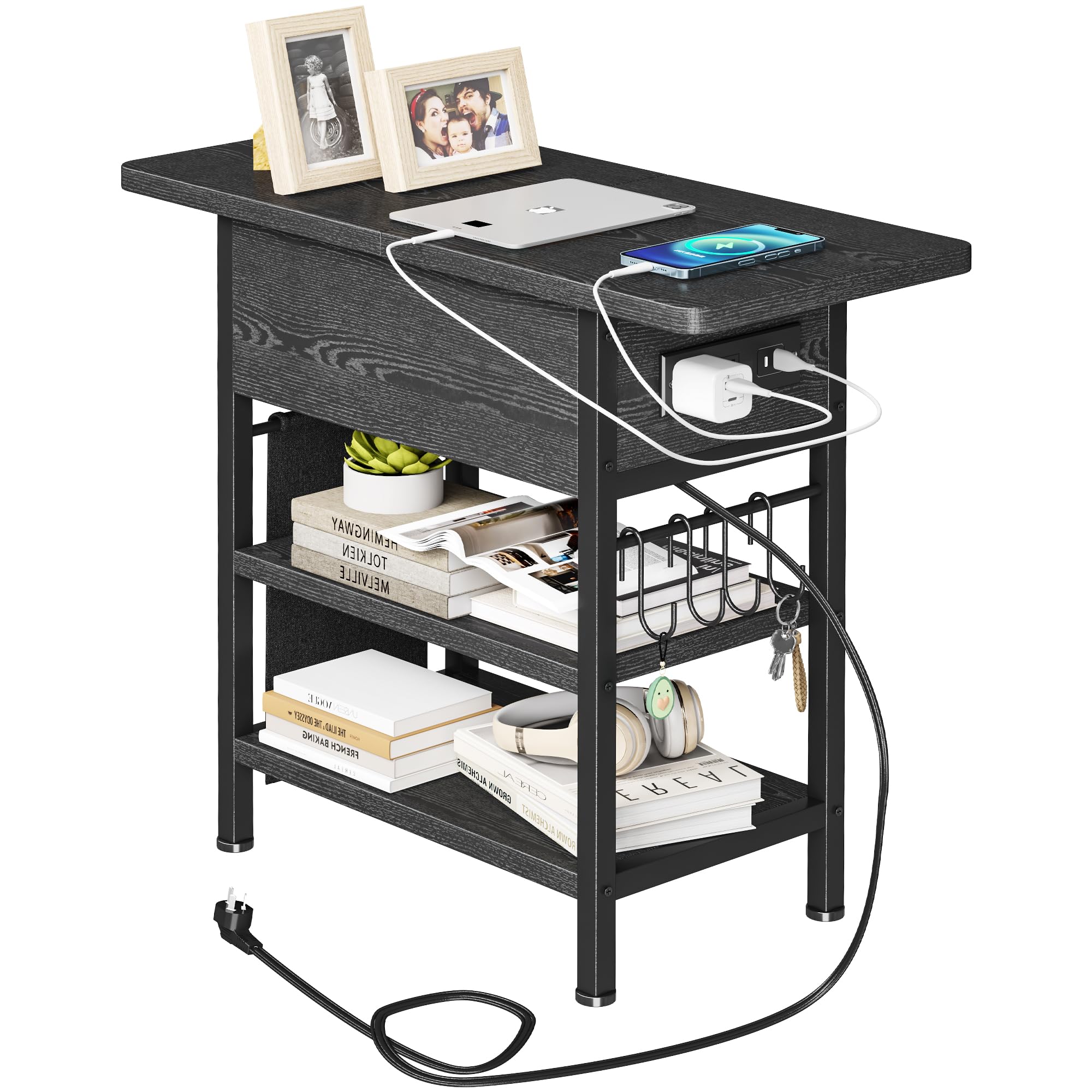 Photo 1 of End Table with Charging Station, Flip Top Nightstand with USB Ports and Outlets,Couch Side Table with Fabric Bag and Hooks, Bedside Table for Space Saving, Living Room, Bedroom (Black)