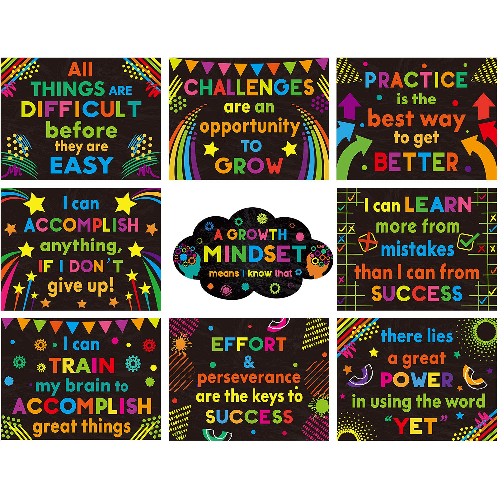 9 Pieces Growth Mindset Posters Inspirational Quote Classroom Poster Bulletin Board Poster Set Motivational Wall Banners Decorations for Teacher Student School Supplies