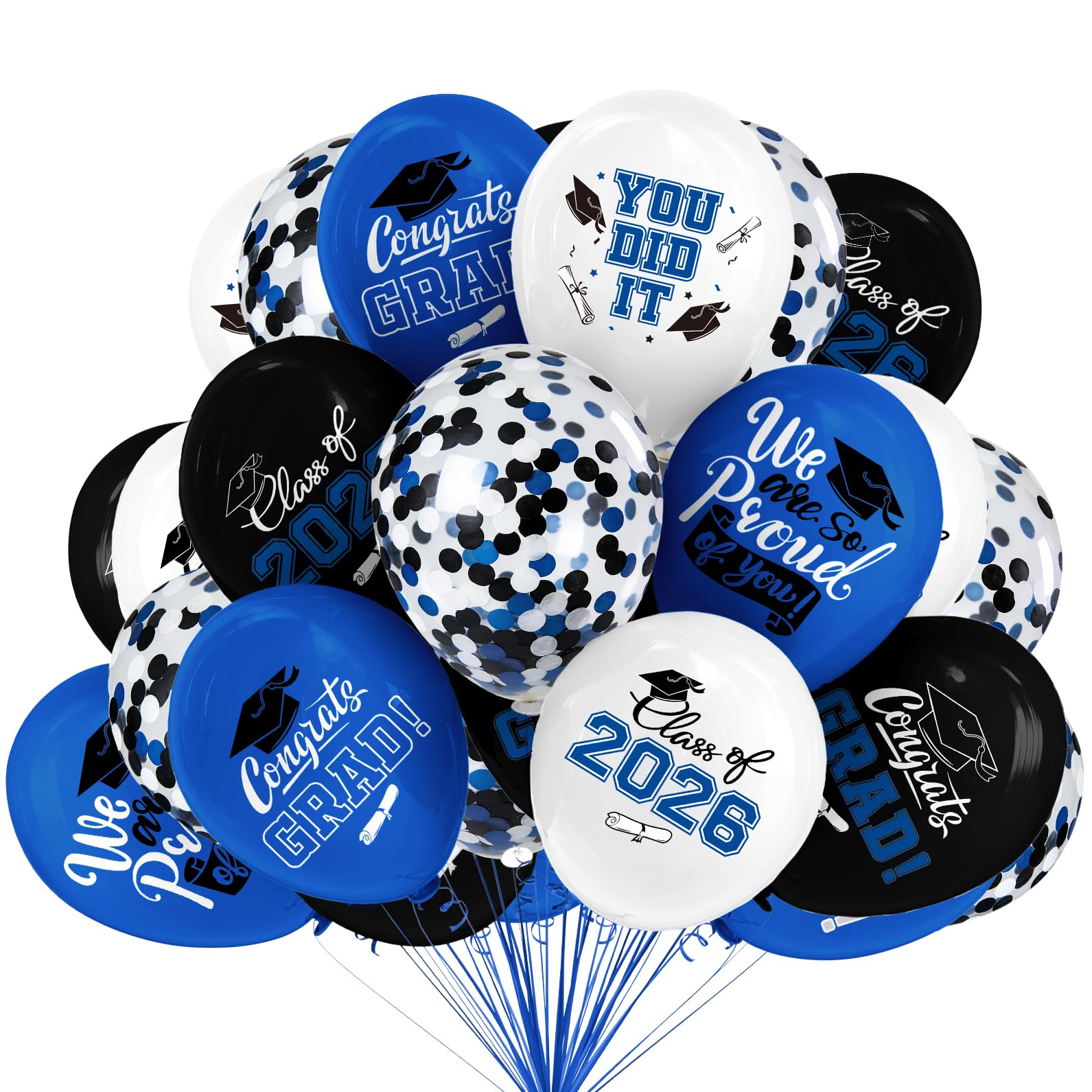 2026 Blue & Black Graduation Decorations Set - 63Pcs Graduation Grad Latex Balloons with Ribbons, Congrats Grad Caps for College & High School Party Supplies