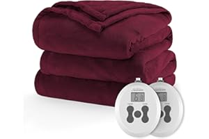 Sunbeam Royal Luxe Microplush Heated Electric Blanket Queen Size, 90" x 84", 12 Heat Settings, 12-Hour Selectable Auto Shut-Off, Fast Heating, Machine Washable, Warm and Cozy, Windsor Wine