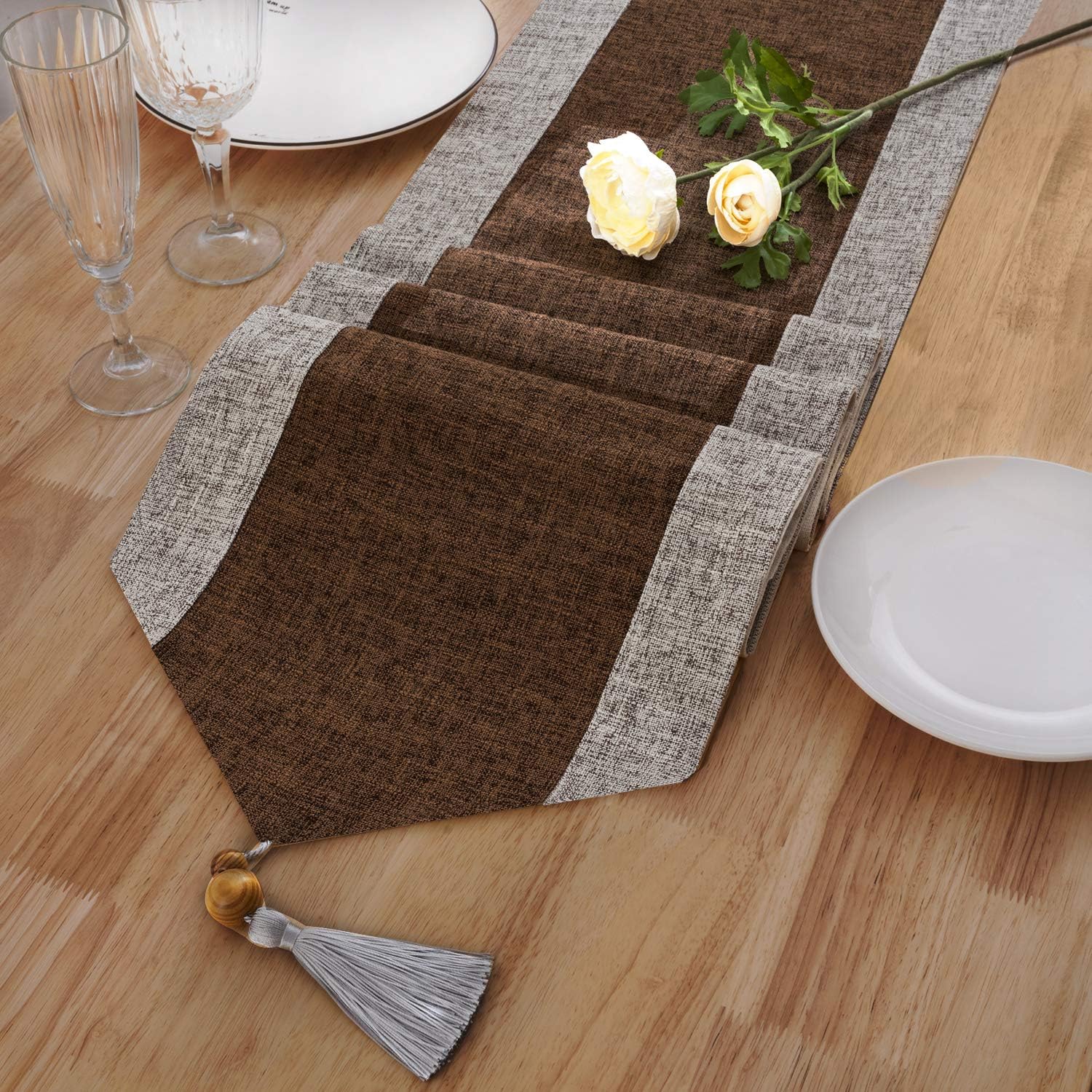 joybest Dining Table Runner 13 x 108 inch, Striped Cotton Linen Rustic Table Runners with Tassels for Family Dinner, Wedding Party Holiday Decorations, Farmhouse, Thanksgiving&Christmas, Coffee: Home & Kitchen