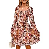Simplee Womens Floral Long Sleeve Mini Dress Boho Square Neck Smocked A-Line Flowy Short Wedding Guest Dresses