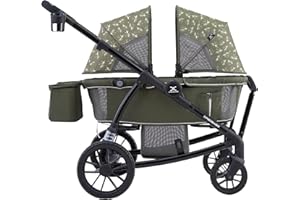 Xped Babe All-Terrain Wagon Stroller for Two Kids, Double Stroller with Push or Pull Handle, Canopy, Storage Basket, Dinner Plate, Oversized Damping Wheels, Mosquito Net and Rain Cover（Green）