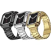 MRYUESG 3 Pack Designed for Apple Watch Band, Wrist-Band for i-Watch Series 9 8 7 6 5 4 3 2 1 SE, Stainless Steel Metal Chain with TPU Cover Case, Smart-Watch Link Bracelet Strap, 45 44 42 41 40 38mm