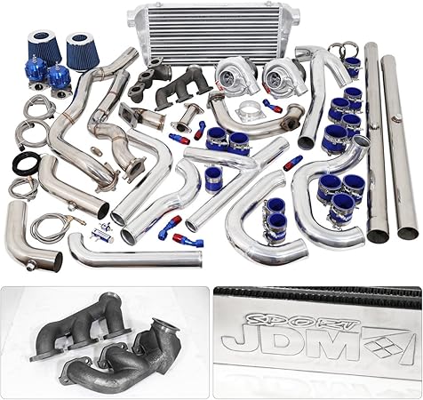 Amazon フォード マスタング V6 3 8l ツインターボチャージャー マニホールド ダウンパイプ インタークーラー 廃棄物 オイル ライン キット エアフィルター ブースト コントローラー アップグレードブルーセット エンジンパーツ 車 バイク