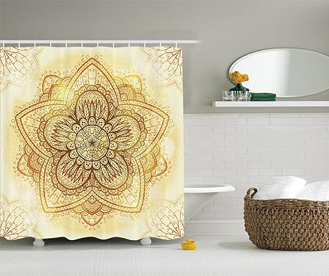 BBFhome Hem Gewichte Duschvorhang 168 x 180 cm Mandala Decor Collection ethnische Doodle Design Asiatische Kunst Traditionelle Muster Polyester Gewebe Badezimmer Set mit Haken Beige Creme Brown