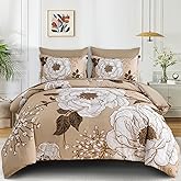 Luxudecor Floral Queen Comforter Set 7 Pieces Bed in a Bag, White Flower Print on Khaki Bedding Set, Soft Reversible Comforter with Sheet Set 90"x90"