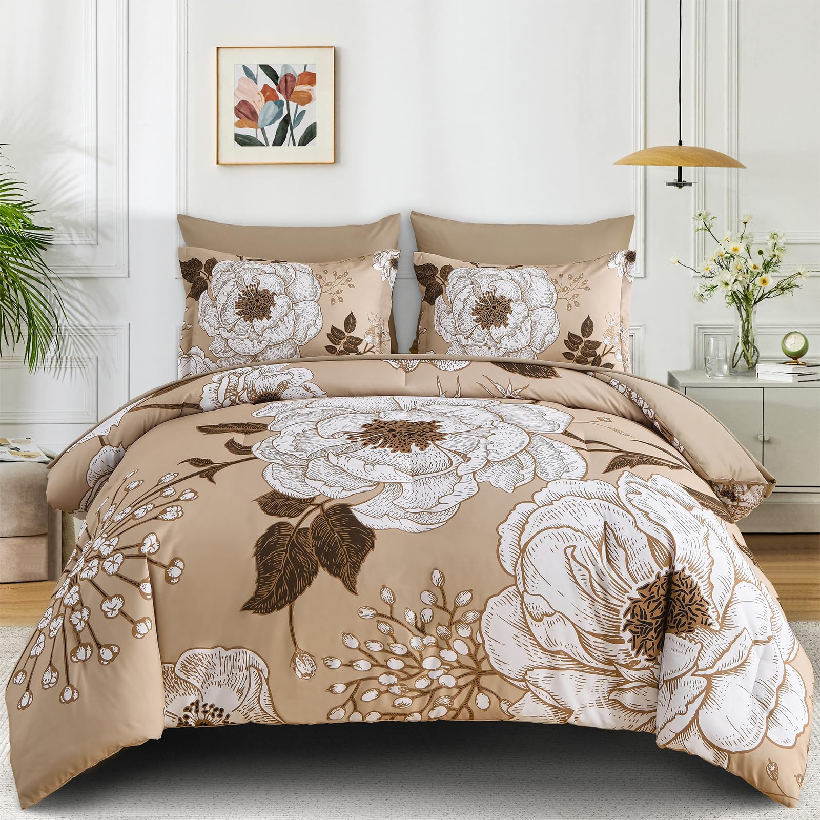Luxudecor Floral King Comforter Set 7 Pieces Bed in a Bag, White Flower Print on Khaki Bedding Set, Soft Reversible Comforter with Sheet Set 104"x90"