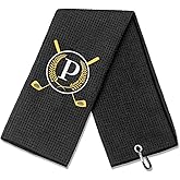 OXYEFEI Golf Towel Gift | Microfiber Waffle with Embroidered Monogrammed | 16”x 24” for Golf Bags with Clip for Men Accessories for Men (Initial-P)