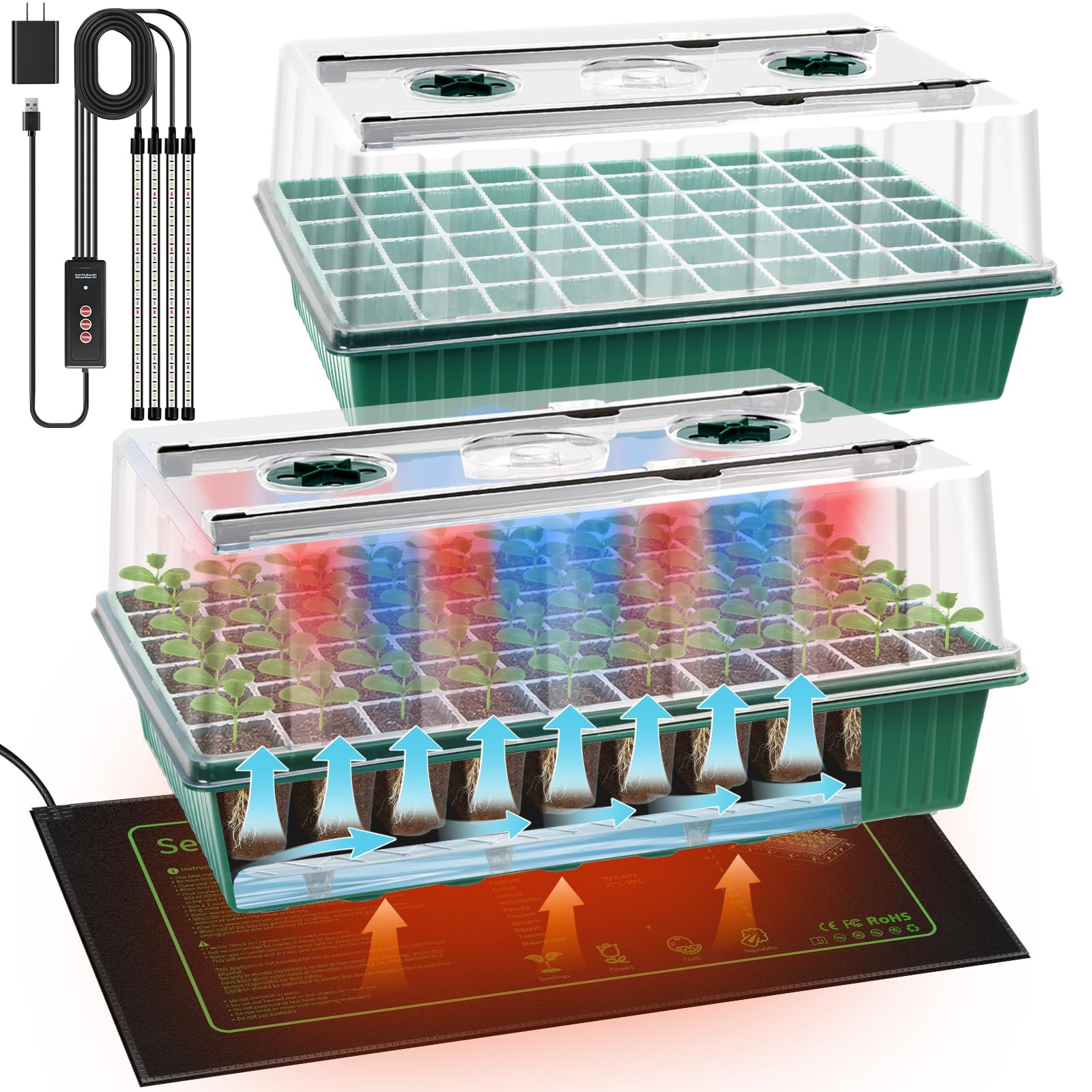 Photo 1 of 2 Set 120-Cell Seed Starter Kit with Seedling Heat Mat, Self-Watering Seed Starter Tray with Adjustable Brightness Timed Grow Light Humidity Domes, Indoor Seedling Starter Tray Plant Germination Kit