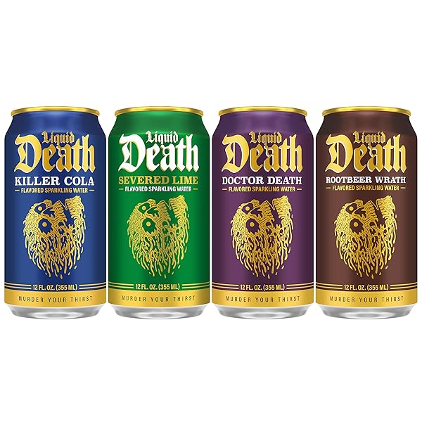LIQUID DEATH, SODA-FLAVORED SPARKLING WATER VARIETY PACK, 12-PACK (12OZ CANS), LOW CALORIE & NO ARTIFICIAL SWEETENERS, 4 FLAVORS: SEVERED LIME, DOCTOR DEATH, KILLER COLA, AND ROOTBEER WRATH
