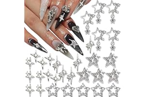 RODAKY 30PCS Silver Star Nail Charms Shiny 3D Stars Nail Gems Starlight Nail Jewelry Y2K Charms for Acrylic Nails Decoration Metal Nail Supplies for Women and Girls