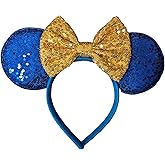 CLGIFT Red sparkle minnie ears, Silver gold blue minnie ears, Custom Mouse Ears,Classic Red Sequin Mickey Ears (Blue & Gold)