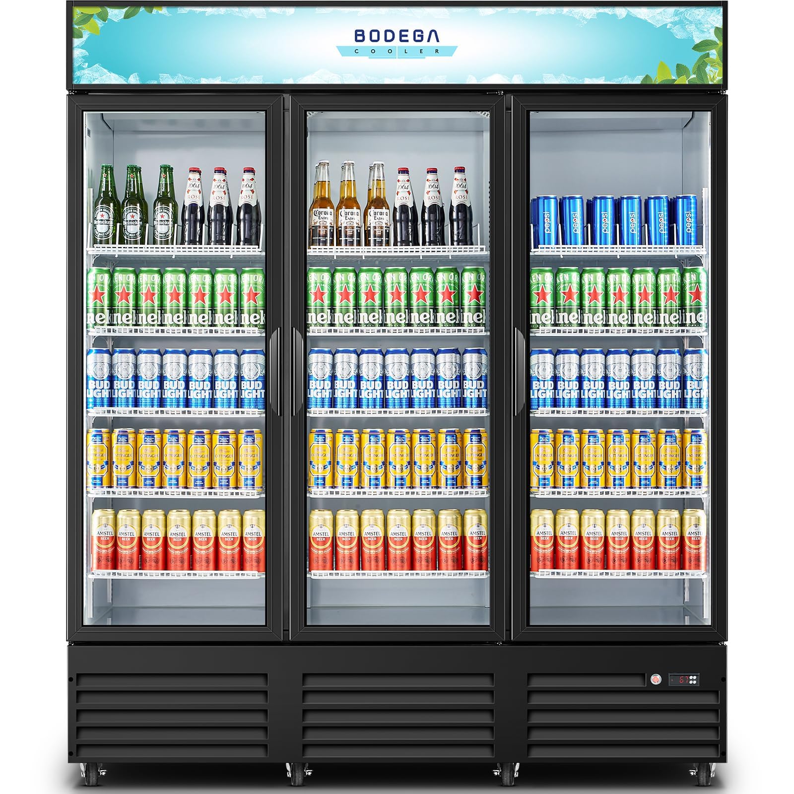 Photo 1 of BODEGACOOLER Commercial Merchandiser Refrigerator,3 Glass Door Commercial Beverage Refrigerator, Beverage Display Cooler with Soft LED Light, Adjustable Shelves and 8 Strong Castors, 53 Cu. Ft,Black This item was in the original factory crate and does app