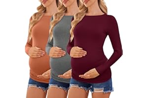 Ekouaer Womens Maternity Shirts Long Sleeve Pregnancy Tops 3 Packs Boat Neck Tunic Tees Casual Blouse New Mama Clothes S-XXL
