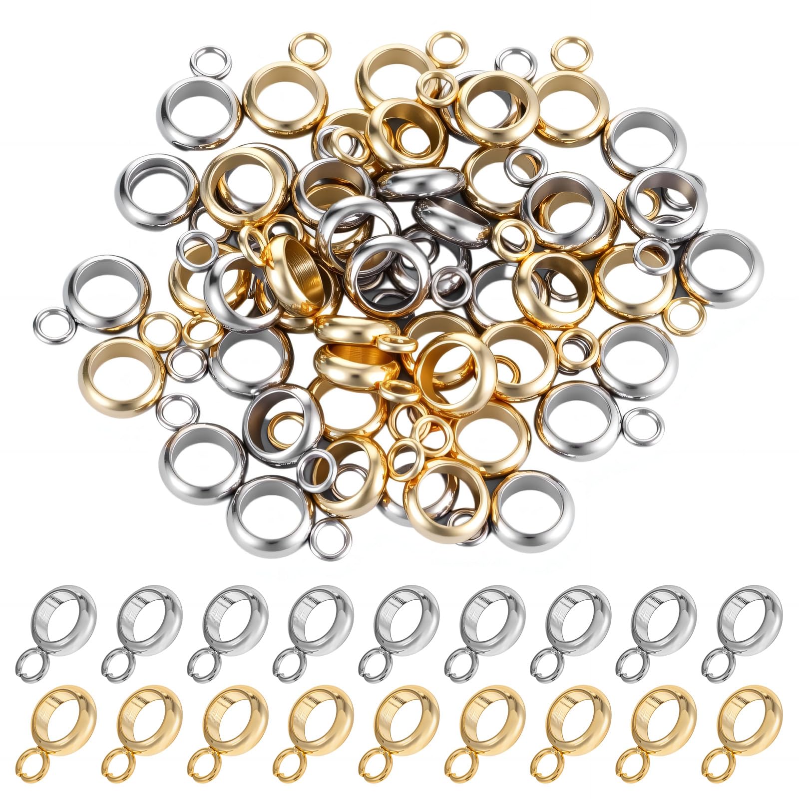 Photo 1 of 100 PCS Column Bail Beads, Stainless Steel Ring Hanger Links Connectors, 4mm Inner Diameter, Gold Silver Pendant Bails for Jewelry Making
