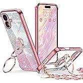 XYZ for iPhone 16 Plus Case with Stand, Phone Case with Double Ring Kickstand, Women Girls Bling Luxury Glitter Clear Phone Case Cover Heart for iPhone 16 Plus 6.7 inch, Rose Gold