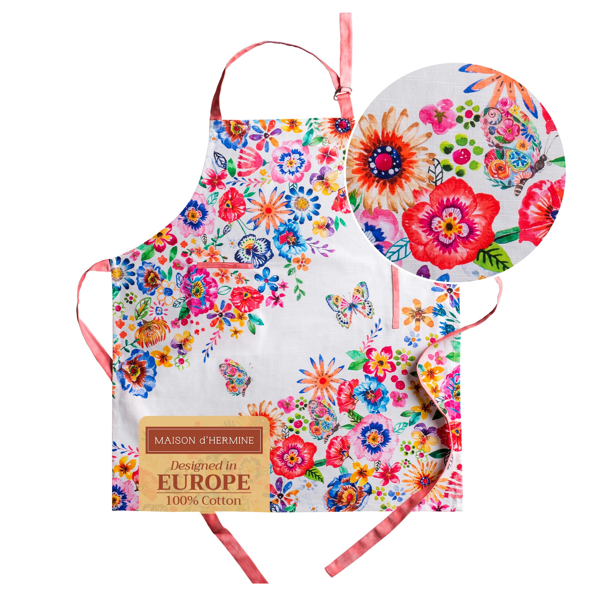 Maison d' Hermine 100% Cotton Apron for women with Pocket Kitchen Chef Spring/Summer Apron for Men Cooking Gardening Server Waitress Maid - (Happy Florals - High Summer, 85 cm x 70 cm)