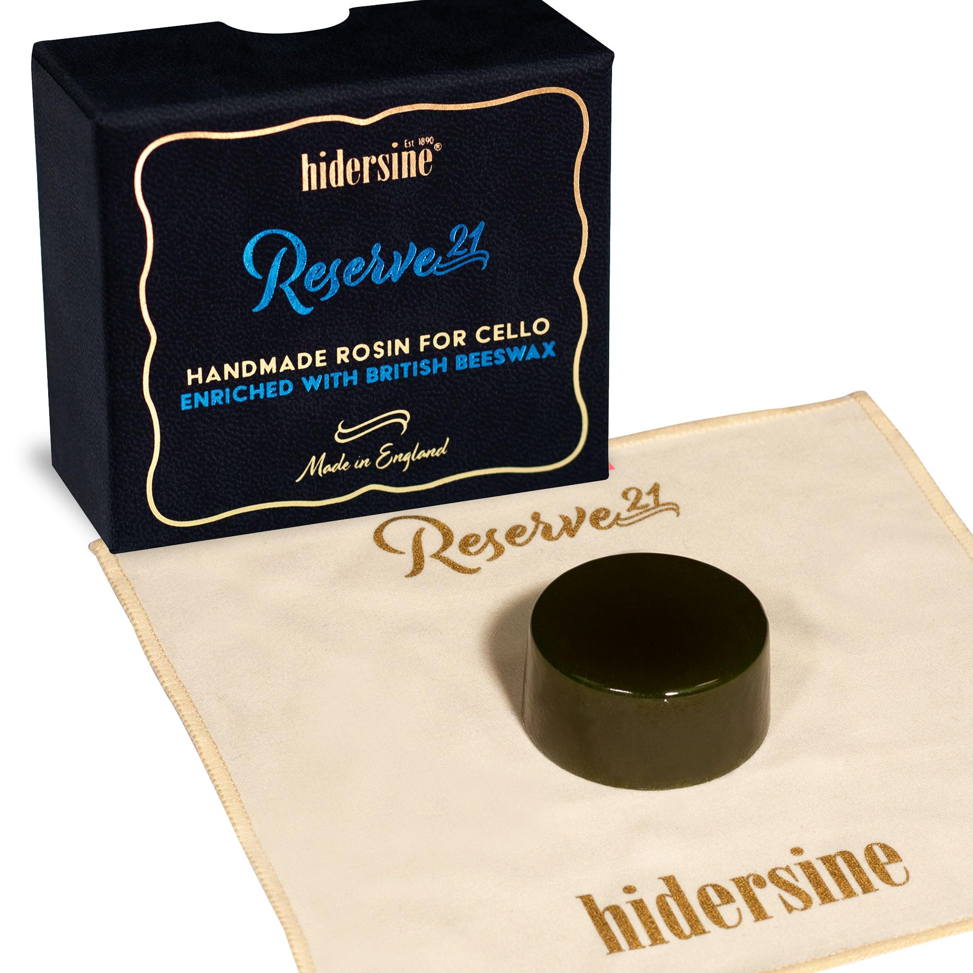 Hidersine Reserve21 Dark Cello Rosin. Low-Dust Formulation. Complete with velveteen drawstring bag. Handmade in the UK