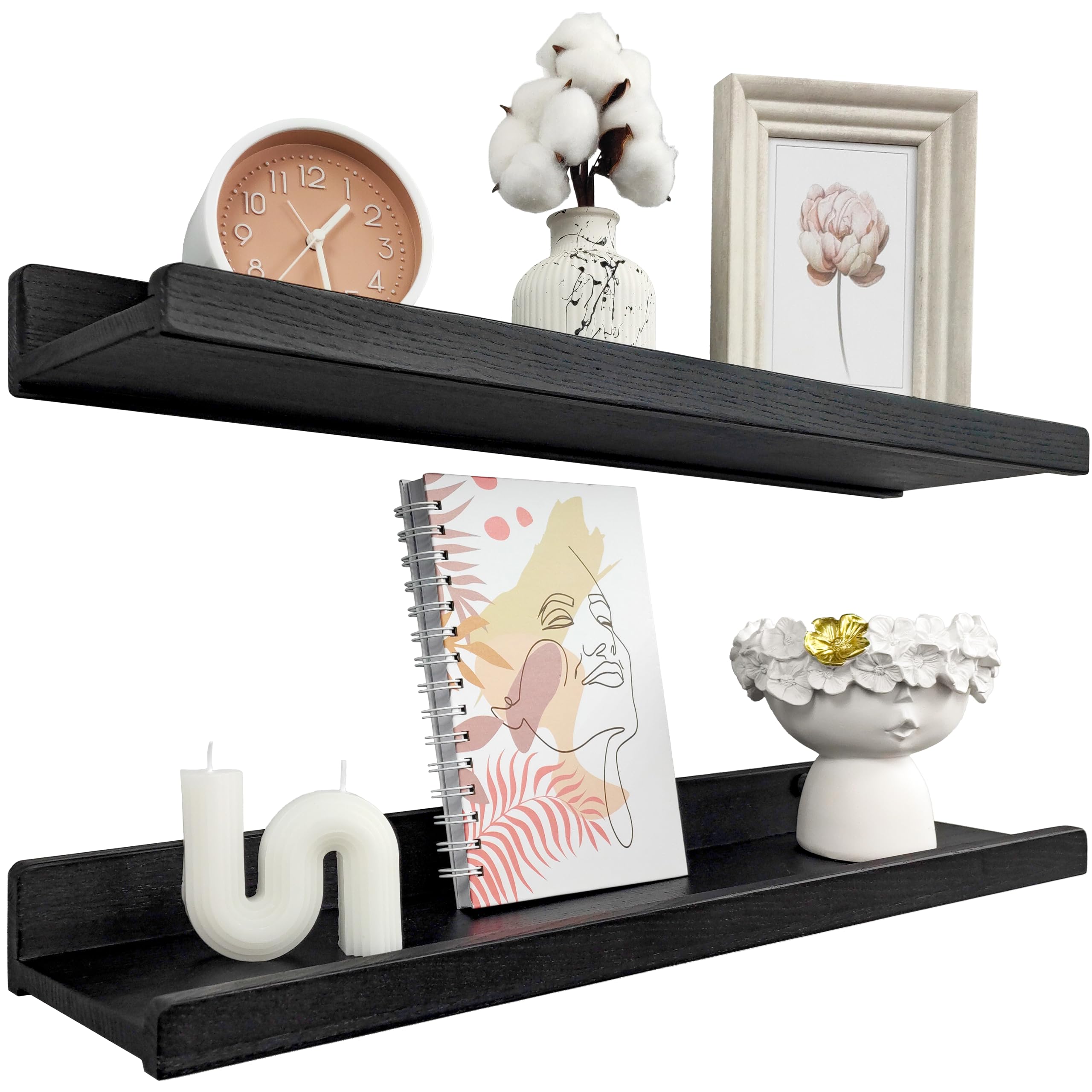 Handcrafted Floating Shelves for Wall 60cm, Waterproof Wall Storage Shelves with Lip, Display Picture Ledge Shelf for Living Room Photo Frame, Natural Wood Hanging Book Shelves (Black, Set 2)