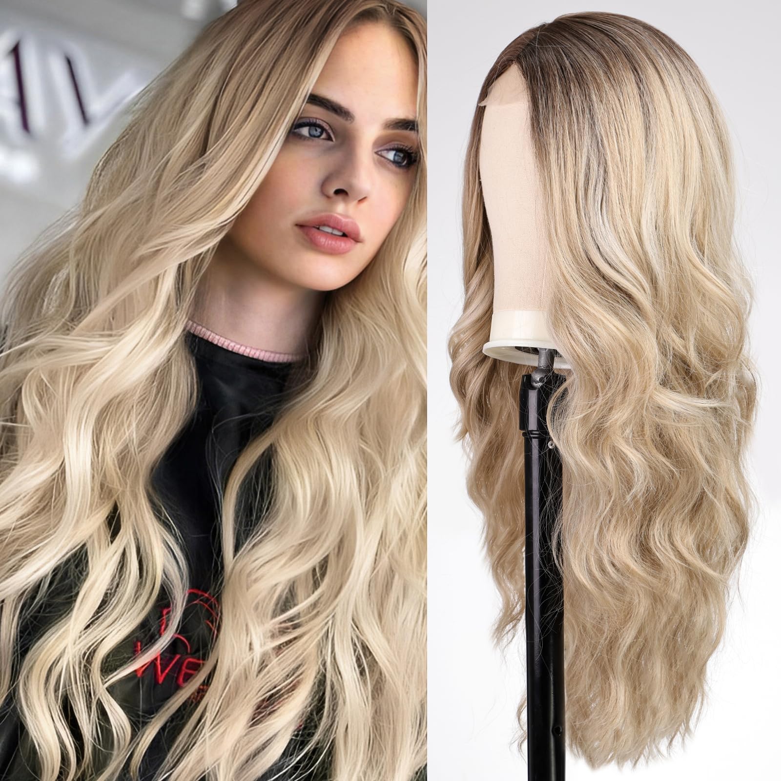 EMMOR Long Ash Blonde and Mixed Blonde Wavy Wig for Women Lace Front Wigs Natural Looking 26 Inch Middle Part Curly Wig Heat Resistant Synthetic Wigs for Daily Party Use