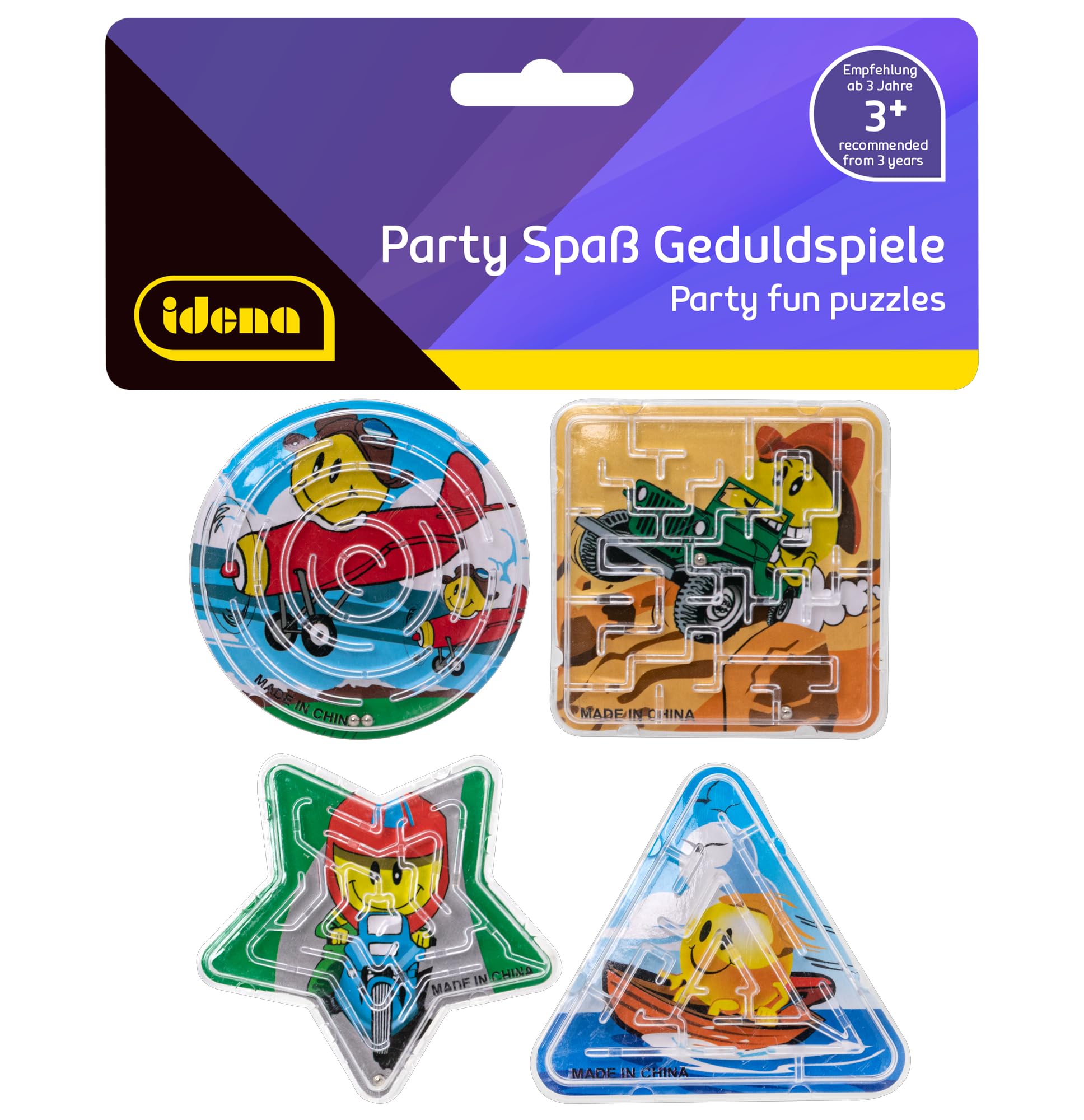 Idena 40430 Party Fun Patience Games, Pack of 4, Small Labyrinths with Funny Emoji Background Motifs in the Shapes Circle, Triangle, Square and Star, Average Size Approx. 6 cm