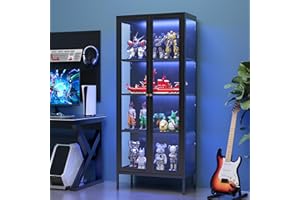 SteeLoong 66 Inch Tall Glass Display Cabinet with 3 Color Lights,Black Storage Cabinets with Adjustable Shelves,Metal Curio Cabinet for Collectibles