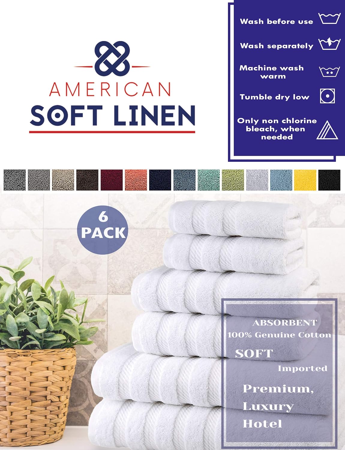 American Soft Linen 6-Piece 100% Turkish Genuine Cotton Premium & Luxury Towel Set for Bathroom & Kitchen, 2 Bath Towels, 2 Hand Towels & 2 Washcloths [Worth $72.95] - Bright White: Home & Kitchen