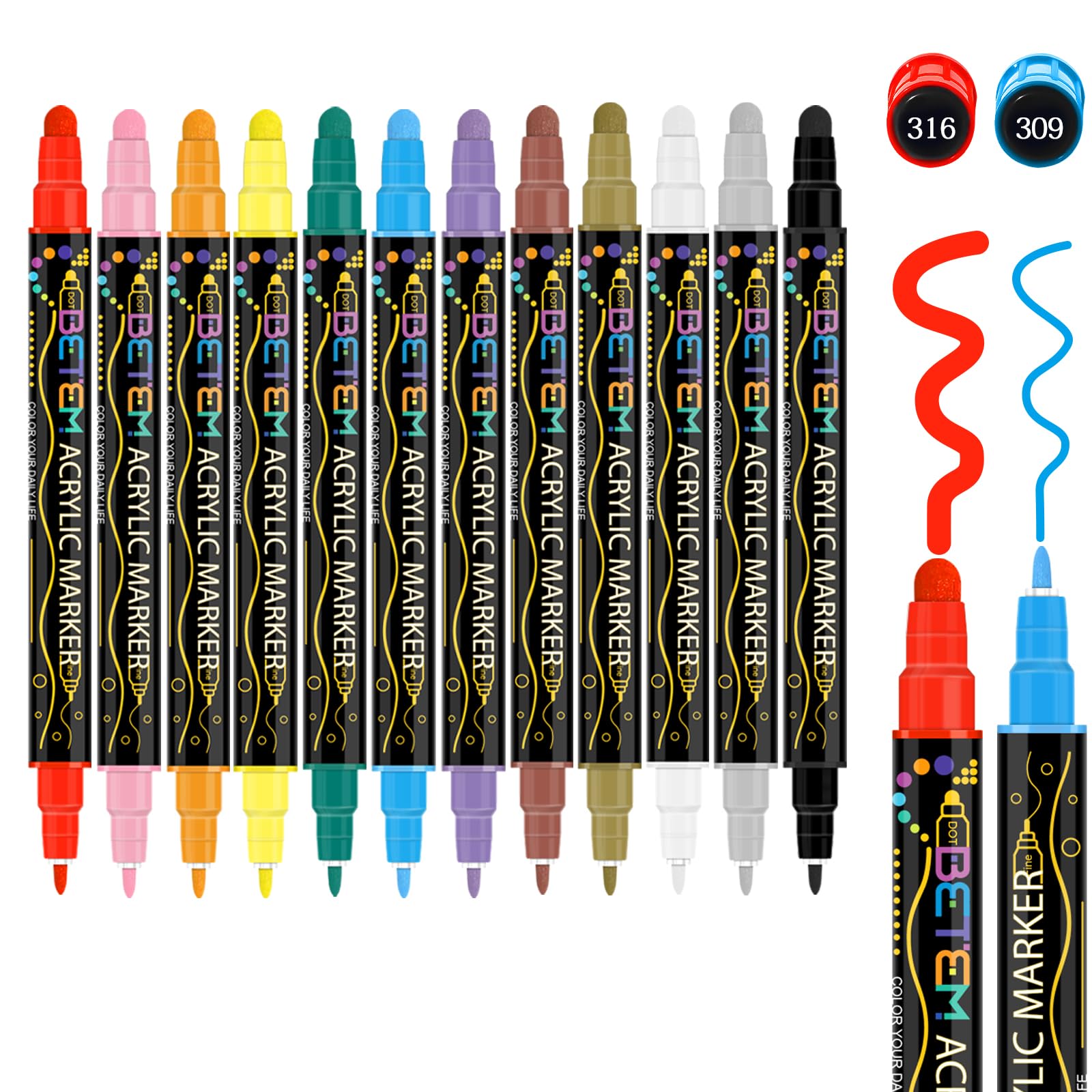 Betem 12 Colors Dual Tip Acrylic Paint Pens Markers, Premium Acrylic Paint Pens Stocking Stuffers for Rock Painting, Wood, Canvas, Glass, Ceramic Surfaces, Christmas Gifts for Teens DIY Art Supplies