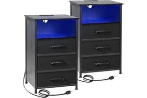 LOAKEKEL Black Night Stand Set 2, LED Nightstand with Charging Station, End Tables with 3 Fabric Drawers, Bedside Table with USB Type C Port and Outlets for Bedroom, HNS033BK