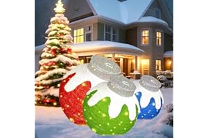 CINIQY 3 PCS Large Light Up Pop-Up Christmas Ball Decorations Outdoor, 240 LED Lighted Handmade Flocked Giant Hanging Ball for Home Decor, Waterproof Safe Material with Base Stakes, Plug and Play