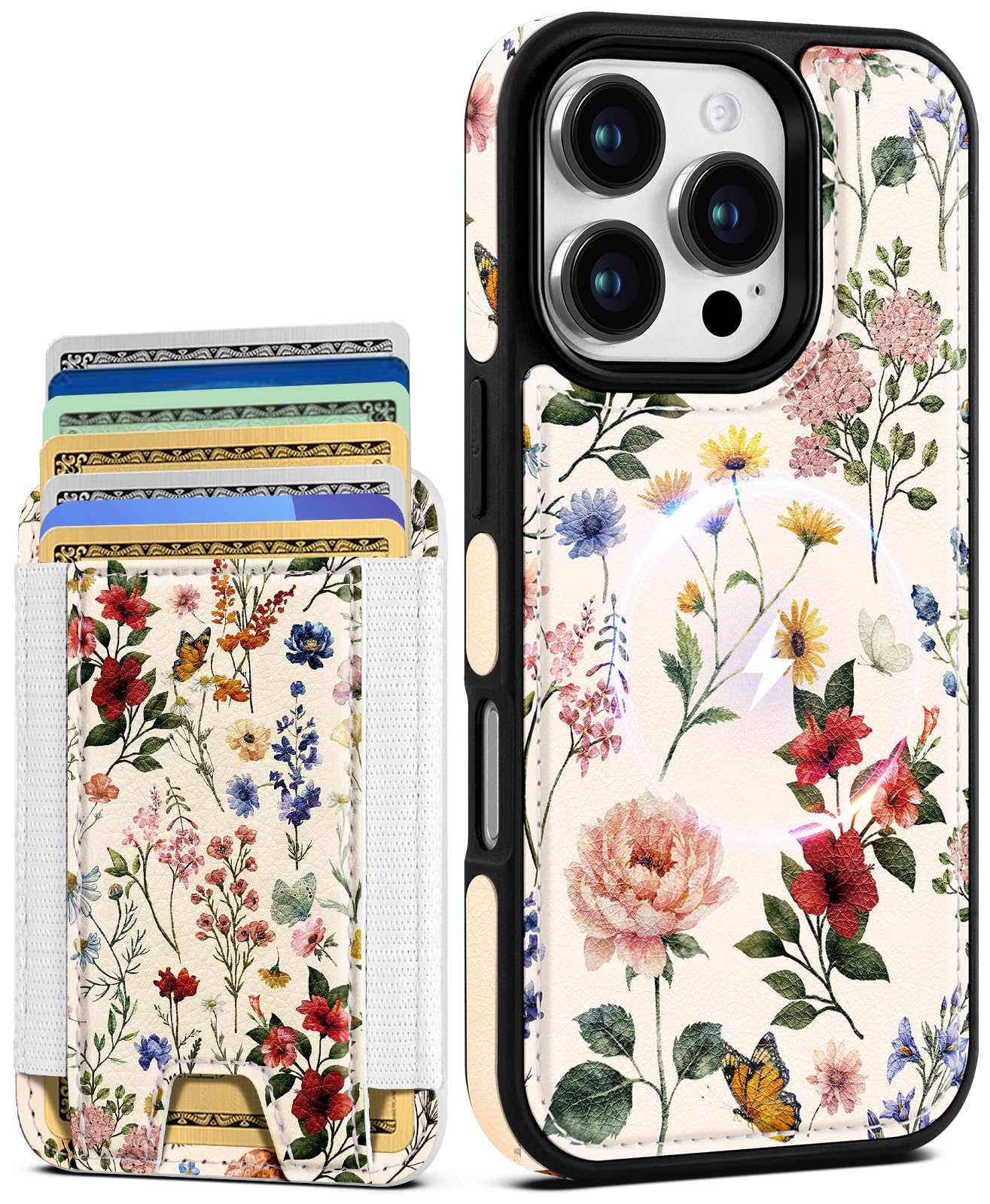 Photo 1 of Shorogyt for iPhone 16 Pro Cute Kawaii Phone Case - Compatible with Magsafe Wallet Magnetic Credit Card Holder Retro Flower Design Leather Phone Cover for Women Girls, Fits 7 Cards