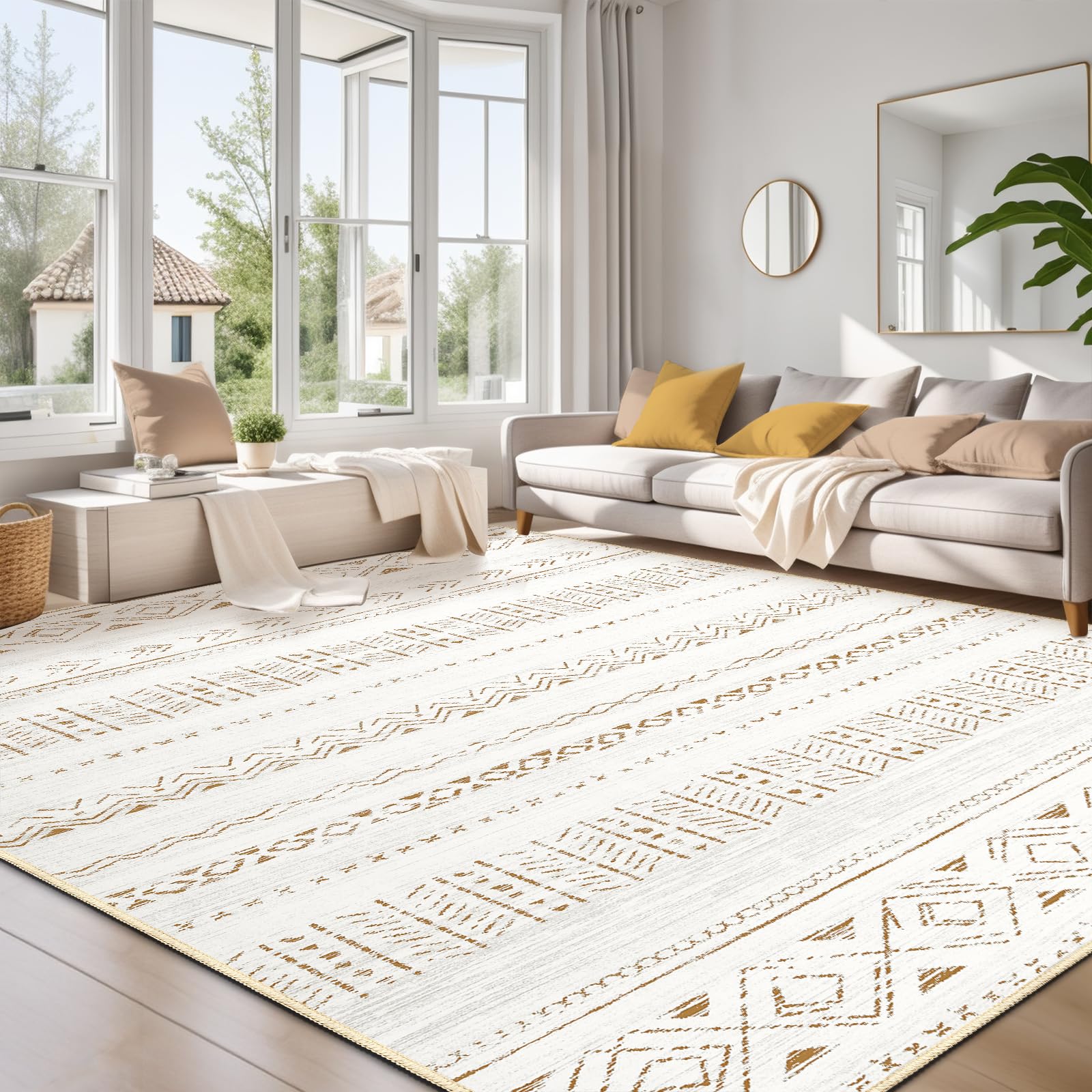 Photo 1 of Large Living Room Area Rug 8x10: Soft Machine Washable Boho Moroccan Farmhouse Rugs for Bedroom Under Dining Table - Non Slip Neutral Morden Indoor Floor Carpet for Home Office Decor - Brown/Cream