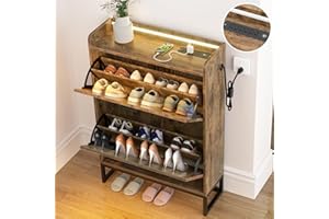 HAIOOU 2 Drawer Industrial Shoe Cabinet, Slim Freestanding Wood Shoe Rack Storage Organizer Stand with Flip Doors, Open Storage Shelf, Anti Toppling for 15-18 Pairs Rustic Brown