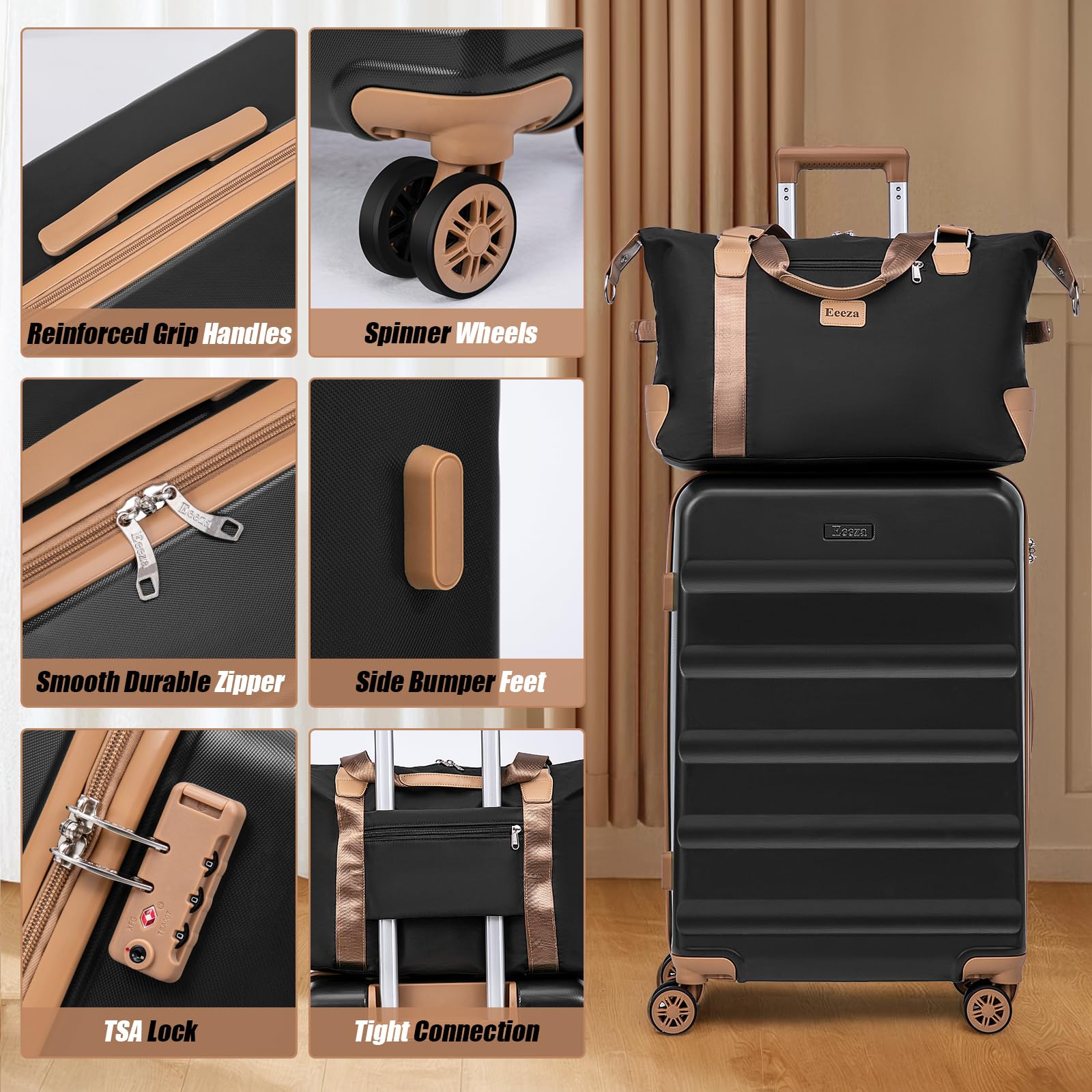 Eeeza Luggage Sets 5 Piece,Hard Case Suitcase Set with Spinner Wheels,Hardshell Lightweight Travel Luggage with TSA Lock (Black,20/24/28 Inch)