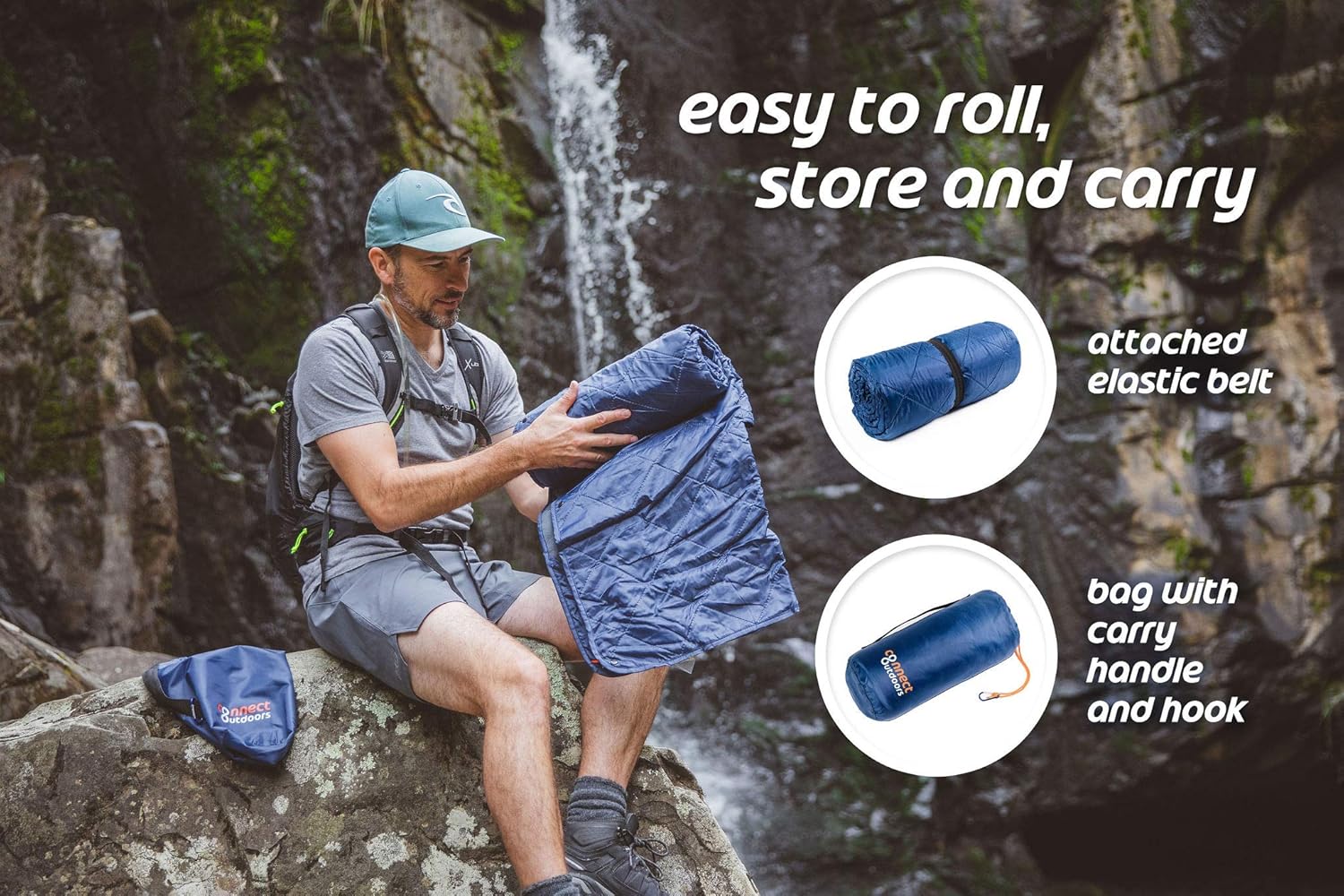 Connect Outdoors Camping Blanket Waterproof Windproof Packable Foldable Extendable Warm Quilted Fleece for Picnic, Beach, Backpacking, Travelling, Festivals, Pet - Car Seat Cover, Large 76 x 58 Inch: Kitchen & Dining