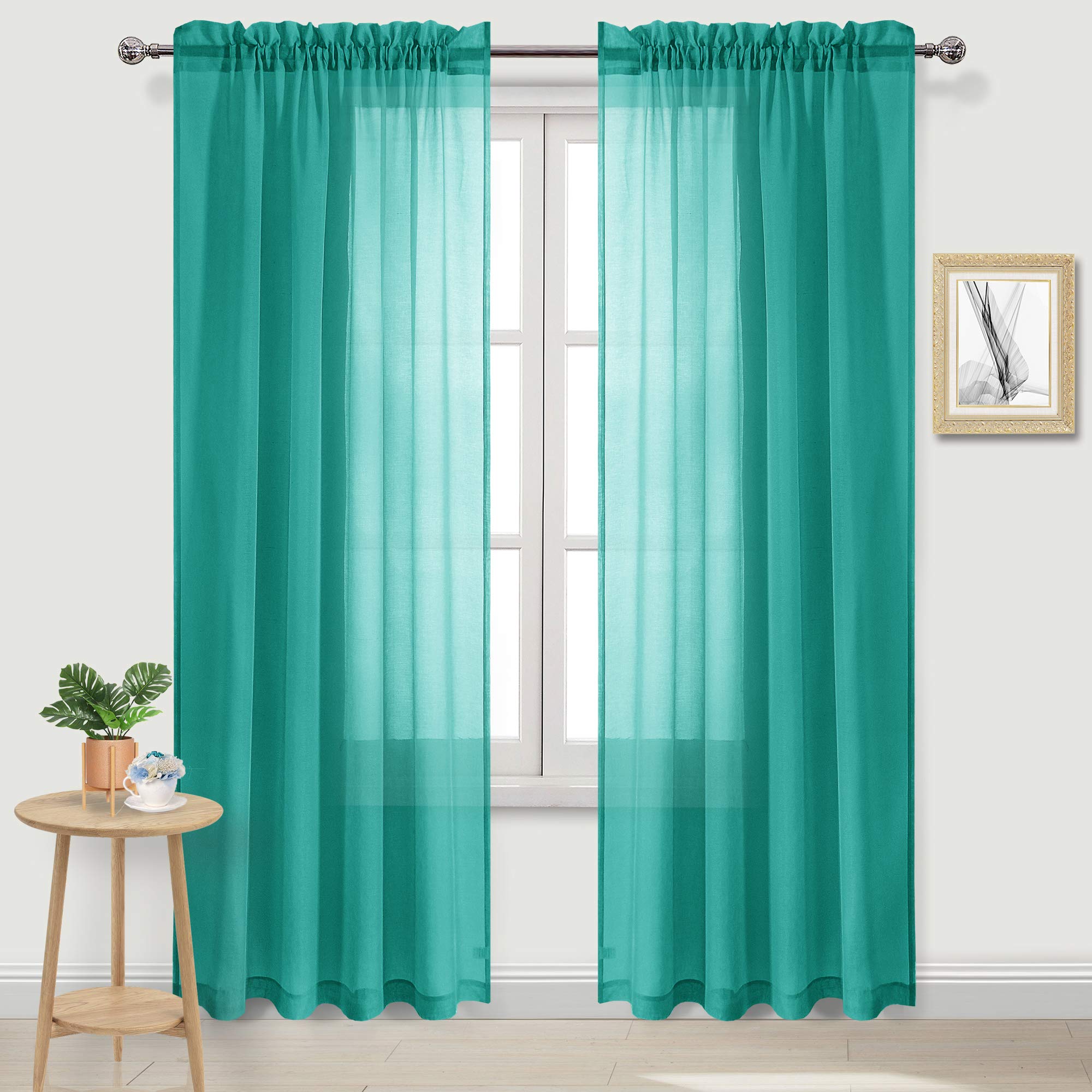 DWCN Teal Sheer Curtains Semi Transparent Voile Rod Pocket Curtains for Bedroom and Living Room, 52 x 84 inches Long, Set of 2 Panels
