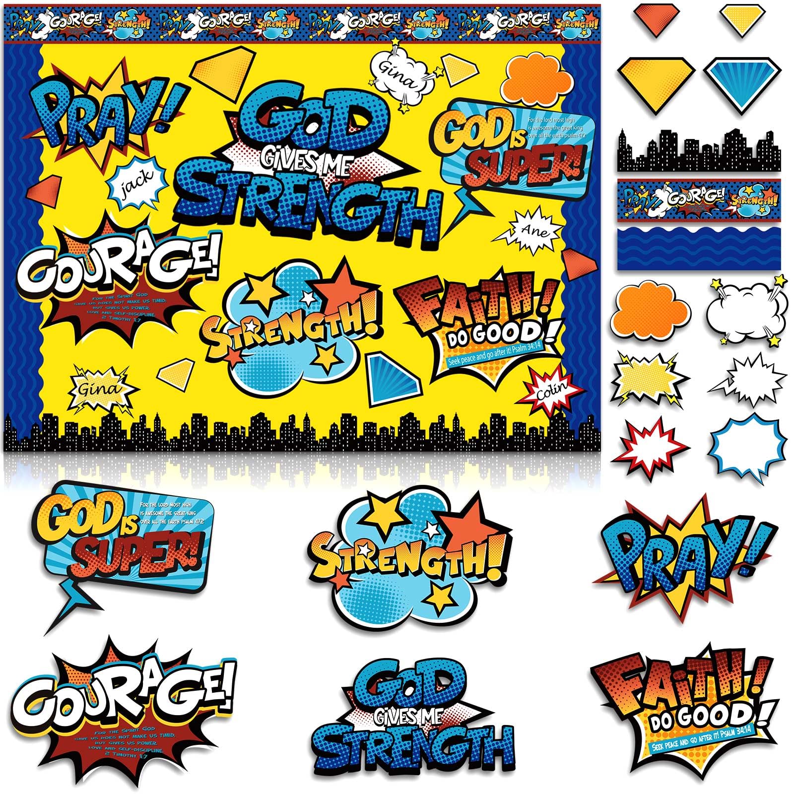 Photo 1 of 119 Pcs Hero Bulletin Board Set Religious Hero Bulletin Board Decoration Hero Board Borders with Religious Hero Sayings Boom Cutouts for School Classroom Wall Decor