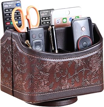 Amazon Com Pusu Leather 360 Rotatable Remote Control Holder Nightstand Tv Remote Caddy Office Supplies Desktop Organizer Spinning Storage Box For Pen Mail Phone Dvd Blu Ray Media Player Heater Controllers Office Products