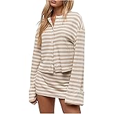 MakeMeChic Women's 2 Piece Sweater Skirt Set Striped Cardigan and Mini Skirt Fall Knit Lounge Sets