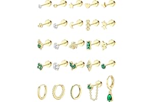 ADRAMATA Gold Flat Back Earrings for Women Hypoallergenic Surgical Steel Earrings for Sensitive Ears 20G Small Stainless Steel Flatback Stud Hoop Cartilage Earring Set for Multiple Piercing Helix/Tragus/Conch