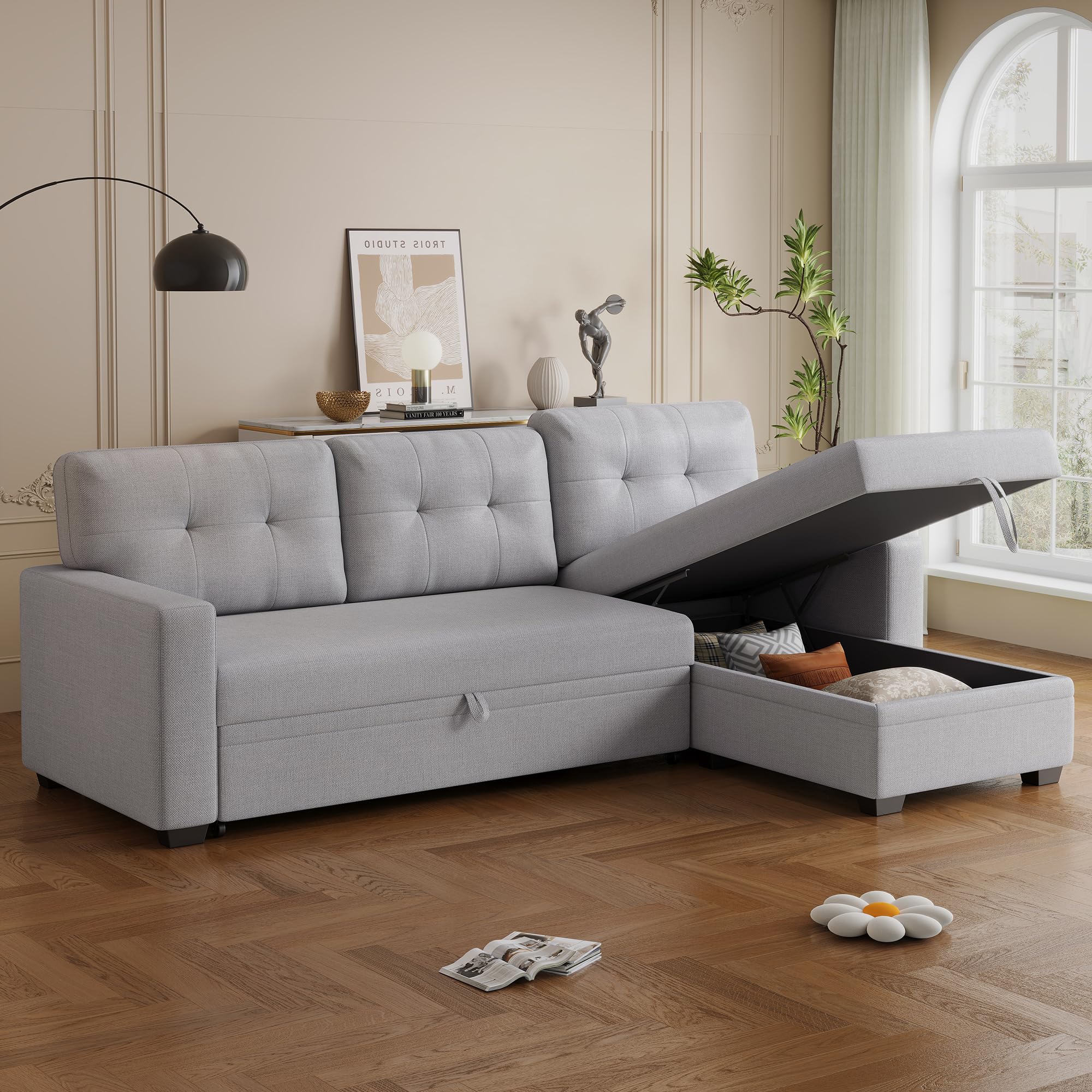 Photo 1 of ***PARTIAL SET - PRICE ADJUSTED***Acosure 82" L-Shape Convertible Sleeper Sectional Sofa with Storage Chaise and Pull-Out Bed,Modular Corner Couch Lounge,w/Removable 3 Back Cushions and Armrest,for Home Furniture,Light Gray