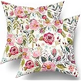 Spring Summer Flower Throw Pillow Covers 18X18 Inch Watercolor Peony Pillowcase Hot Pink Floral with Green Leaves Girly Decor