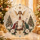 Nativity Diamond Painting Kit & Diamond Art Kits For Adults Suncatcher | Semi Transparent Acrylic 7.9 In Christmas Diamond Art Suncatcher & Pearl Diamond Painting Kit With Hanging Chain