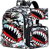 FTJCF 3Pcs Backpack for Boys, 16" Shark Kids Bookbag with Lunch Box, School Backpacks for Elementary Preschool Kindergarten (Black)