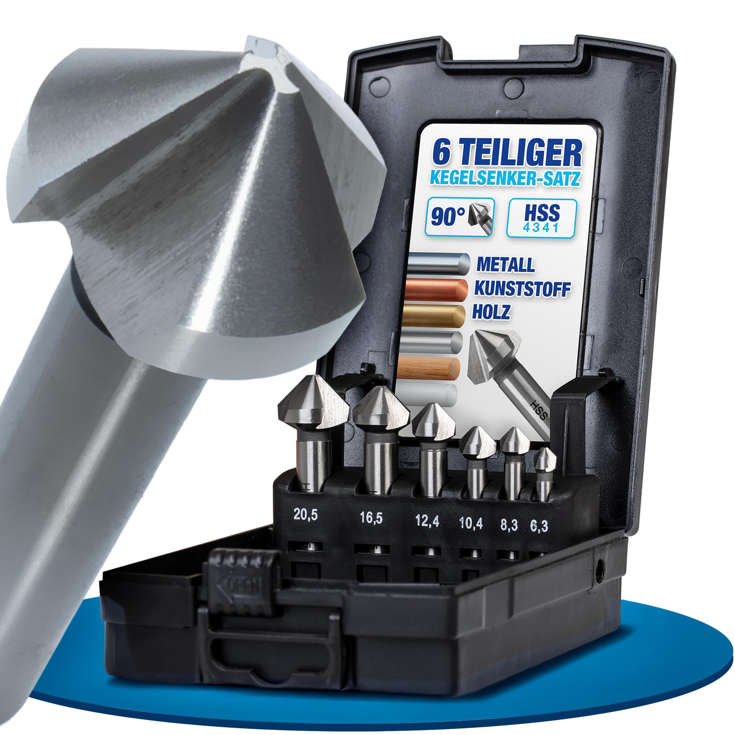 NTG Countersink Set, 6.3 - 20.5 mm, 6 Pieces, 90° HSS Steel, Countersink and Deburring Tool for Wood, Metal and Plastic, Includes Storage Box, Precise and Careful Work