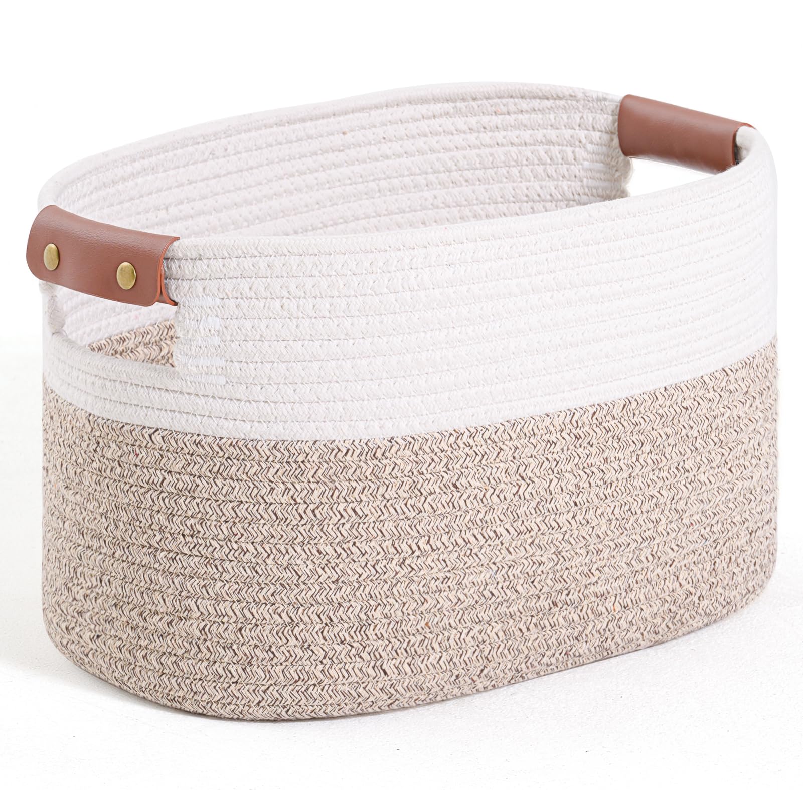 Woven Cotton Rope Storage Basket,Decorative Woven Basket,Decorative Baskets with Detachable Leather Handles for Closet Storage,Woven Baskets For Toy,Blanket,Book Storage (1PACK, Brown)