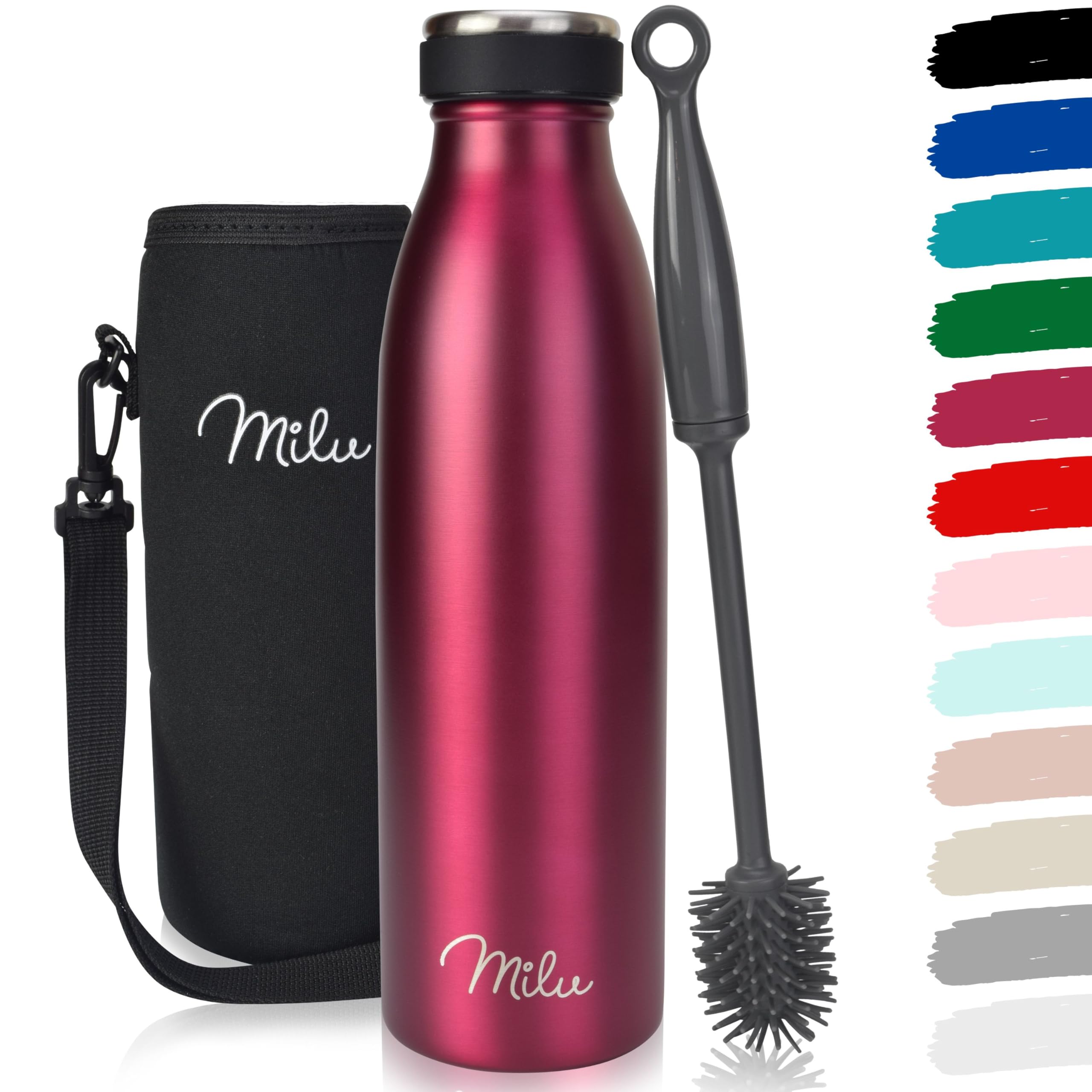 Milu Stainless Steel Drinking Bottle 500 ml - Insulated Thermo Flask for Water - Leak Proof, Insulated and Double Walled, Carbonated (Berry, 500ml)