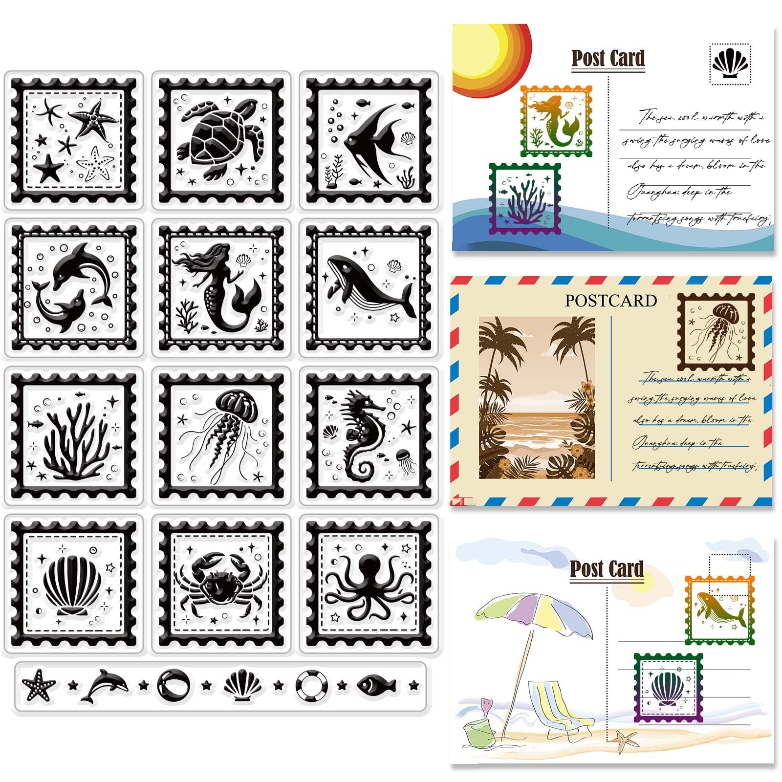 CRASPIRE Sea Animals Clear Rubber Stamps Turtle Whale Mermaid Retro Vintage Reusable Transparent Silicone Stamp Seals for Card Photo Album Crafting Decoration