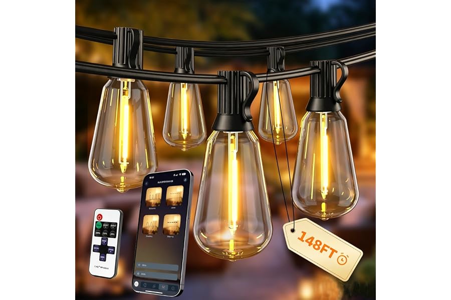 Ecoeve Outdoor String Lights, 148FT Patio Lights for Outside, Smart App & Remote Control with Timer, Dimmable with 4 Scene Mo